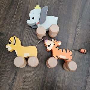 Wooden Pull-Along Toy Set - Yellow Lion, Orange Tiger, Gray Elephant